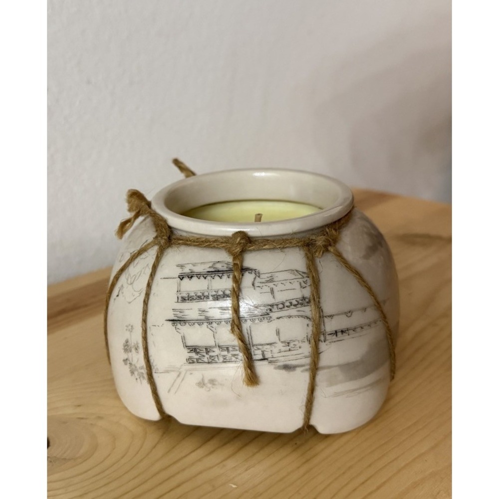 VTG‎ Anthropologie Pearled Jasmin Scented Candle Ceramic Jar Twine Wrap Rare
